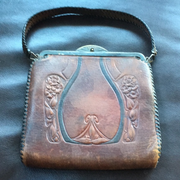 Vintage hand tooled leather purse Cute Mirror Inside - Picture 3 of 8